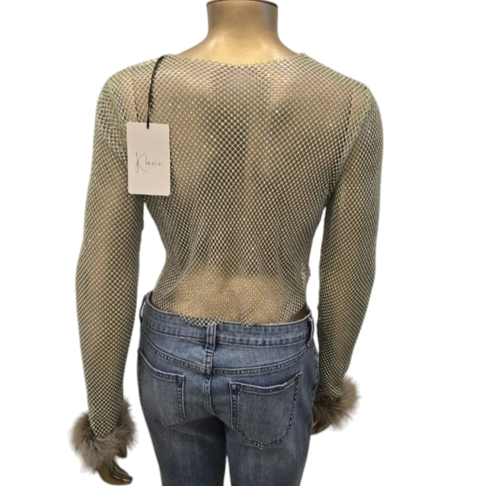 Sheer Mesh Long Sleeve Top with Fur Cuffs - Picture 2 of 7